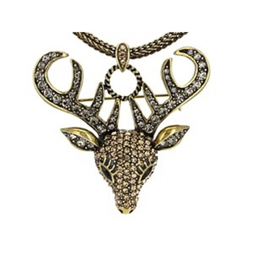 Golden Crystal Stag Head Pin Pendant Chain 23"